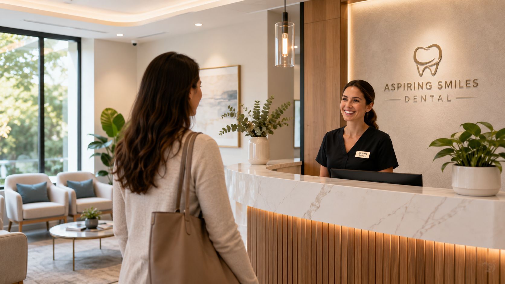 A friendly receptionist greets a patient at the modern, welcoming front desk of a professional dental clinic.