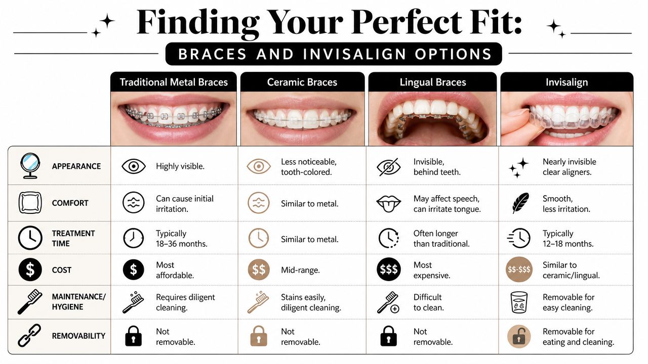 A comparison chart showing features, comfort, cost, and maintenance for metal braces, ceramic braces, lingual braces, and Invisalign.