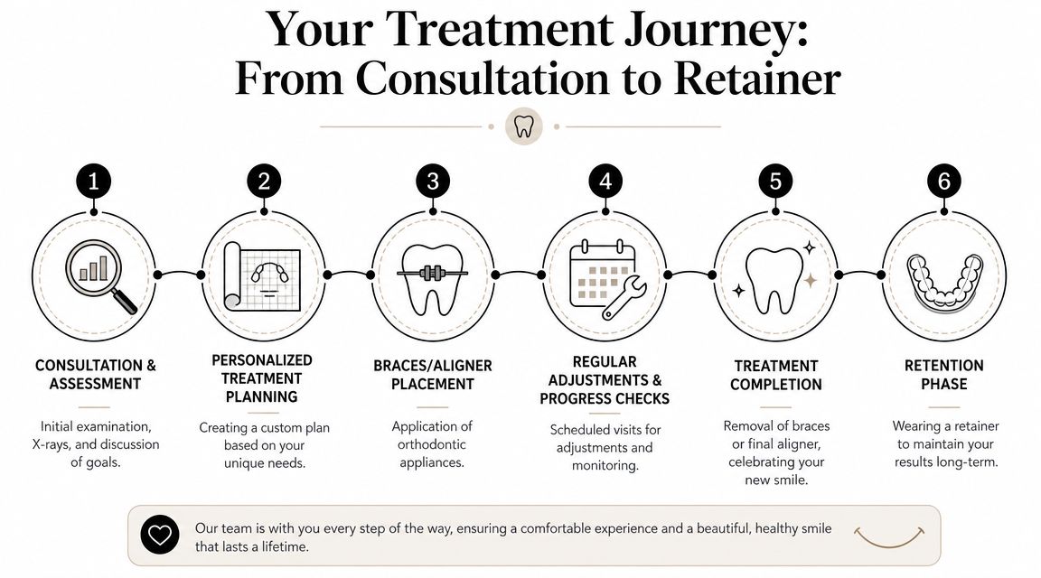 A six-step infographic illustrating the orthodontic treatment process from initial consultation to final long-term retainer wear.