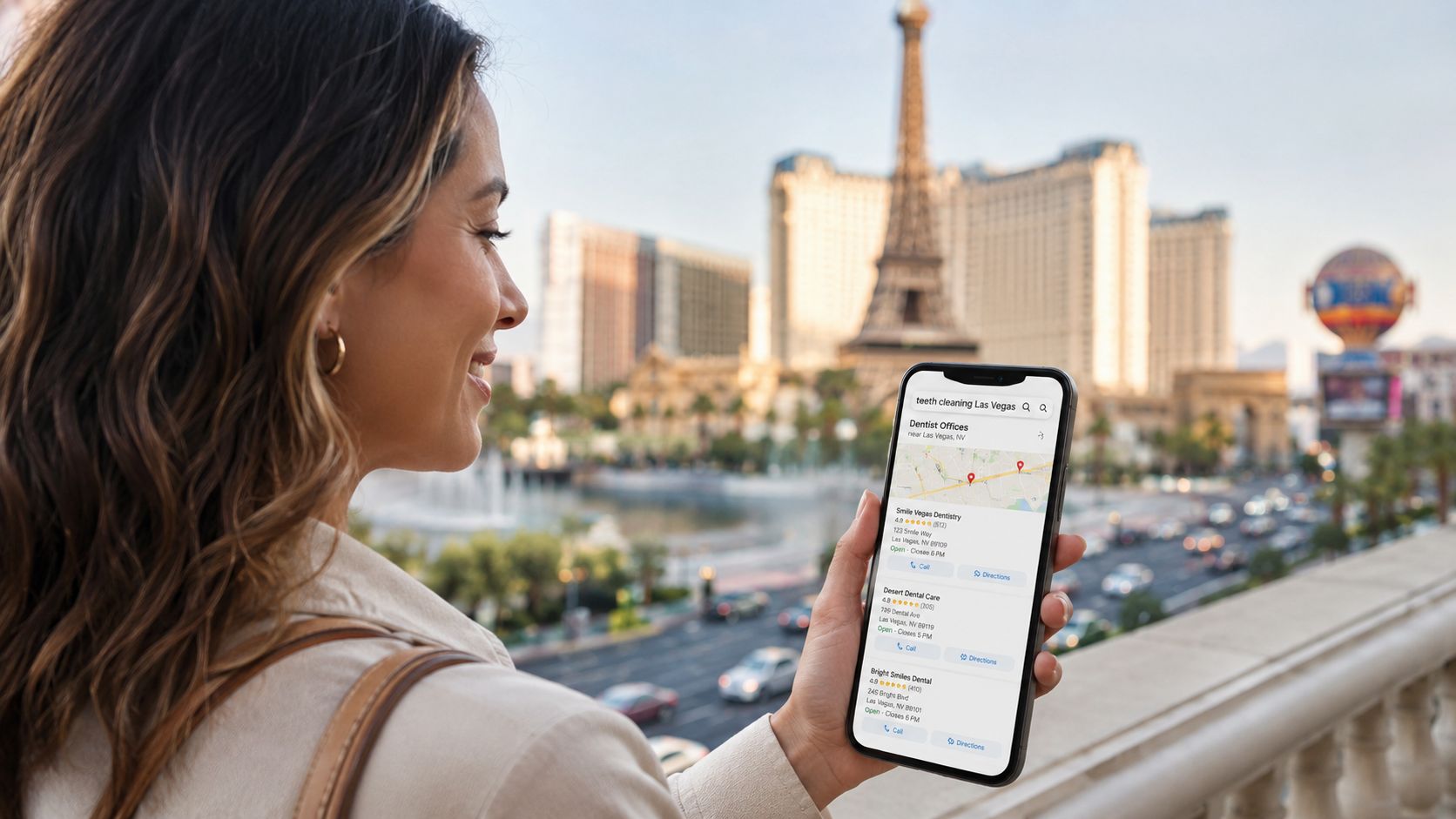 A woman looks at dentist locations on her smartphone while standing in front of the Las Vegas strip.