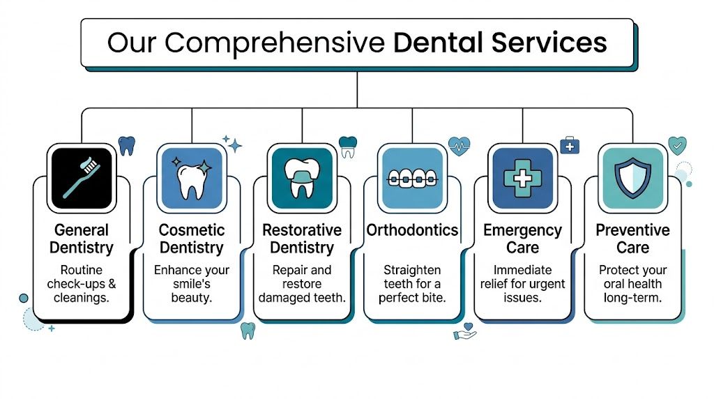 A diagram illustrating comprehensive dental services including general, cosmetic, restorative, orthodontics, emergency, and preventive dental care options.