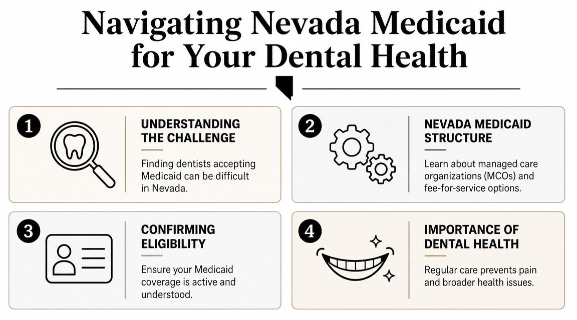 An infographic titled Navigating Nevada Medicaid for Your Dental Health with four key steps and icons.