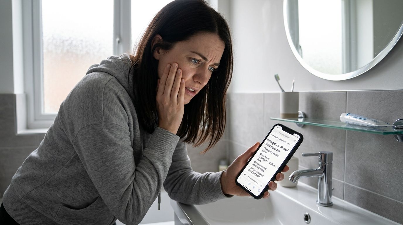 A concerned woman suffering from toothache looking at emergency dental information on her smartphone in the bathroom.