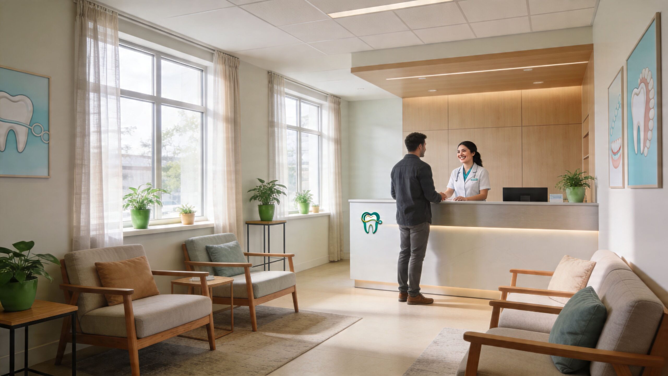 A friendly receptionist greets a patient at the front desk of a modern dental office waiting area.