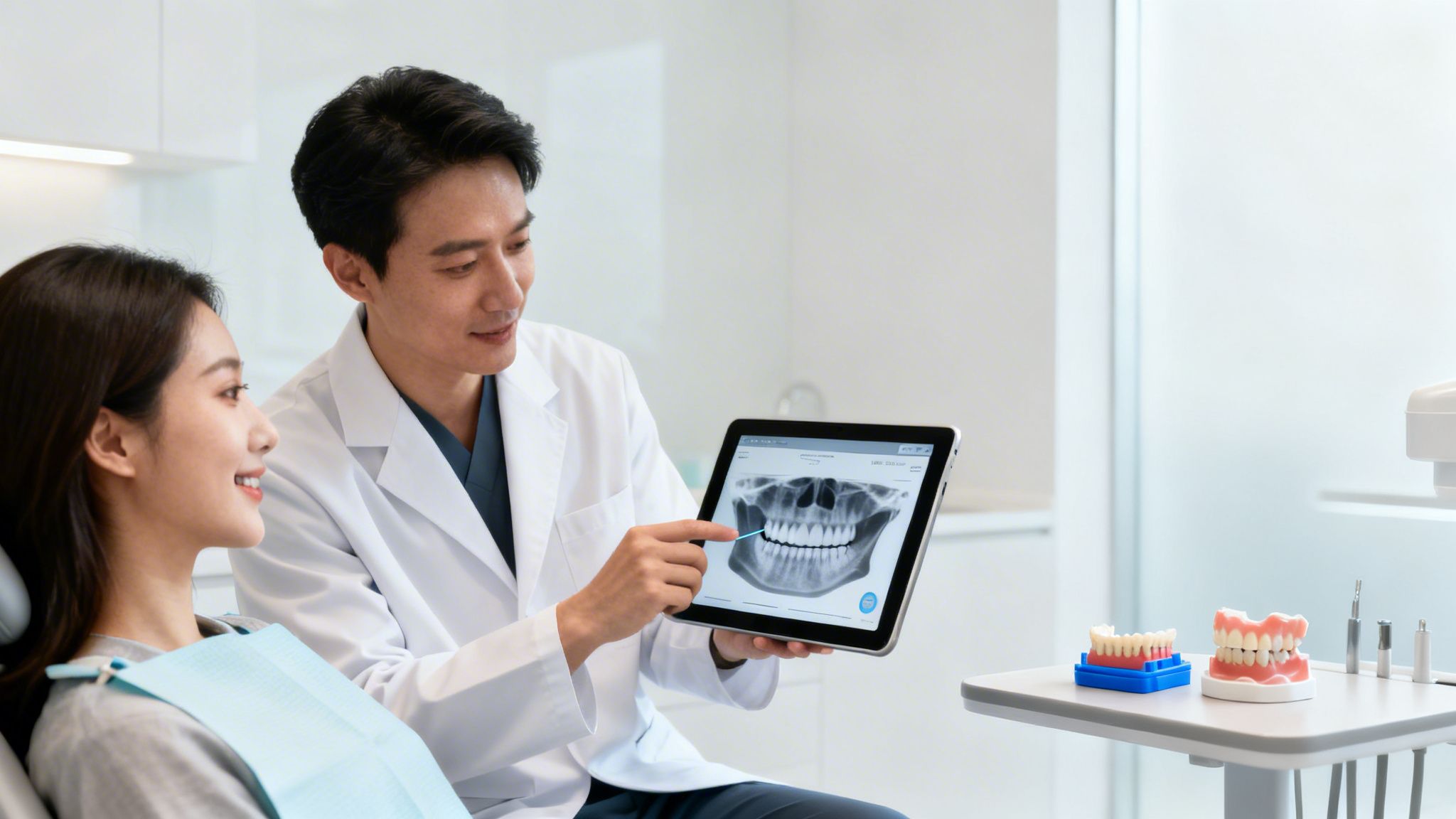 A dentist shows a dental X-ray on a tablet to a smiling patient in a clinic.
