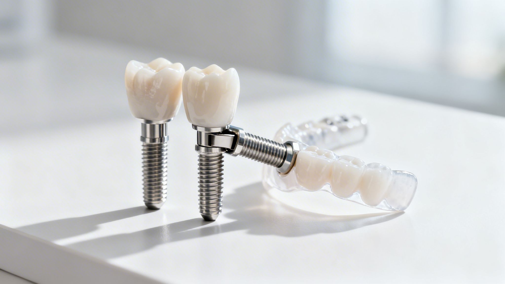 Close-up of two dental implants with crowns and a clear dental appliance on a white surface.