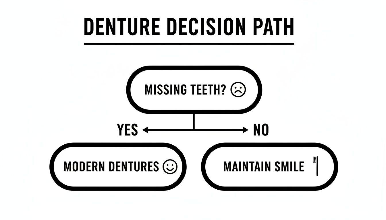 A flowchart titled 'Denture Decision Path' asks 'MISSING TEETH?'. 'YES' leads to 'MODERN DENTURES', 'NO' leads to 'MAINTAIN SMILE'.