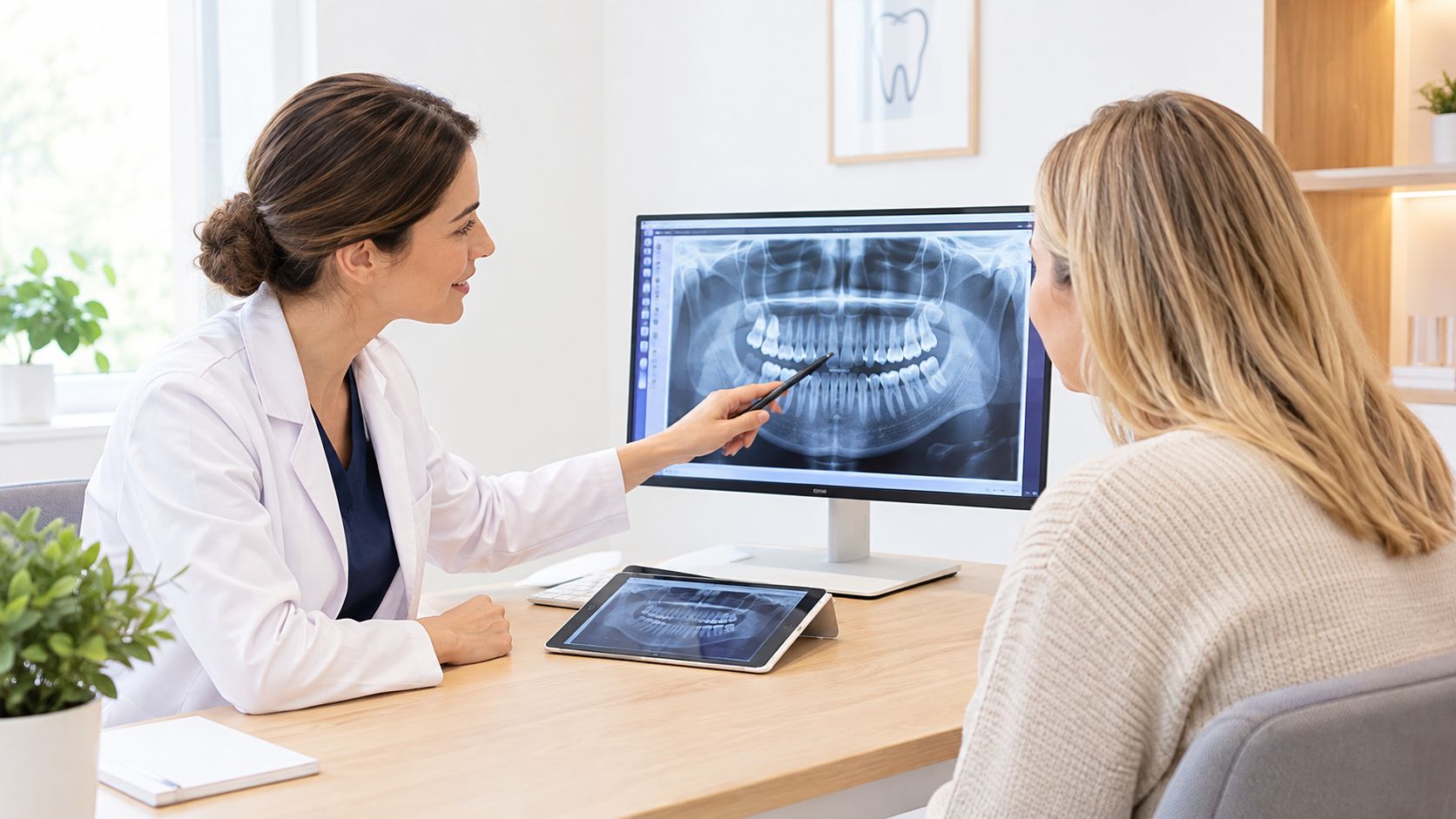 A female dentist explains digital dental X-rays to her patient while pointing at the computer monitor screen.