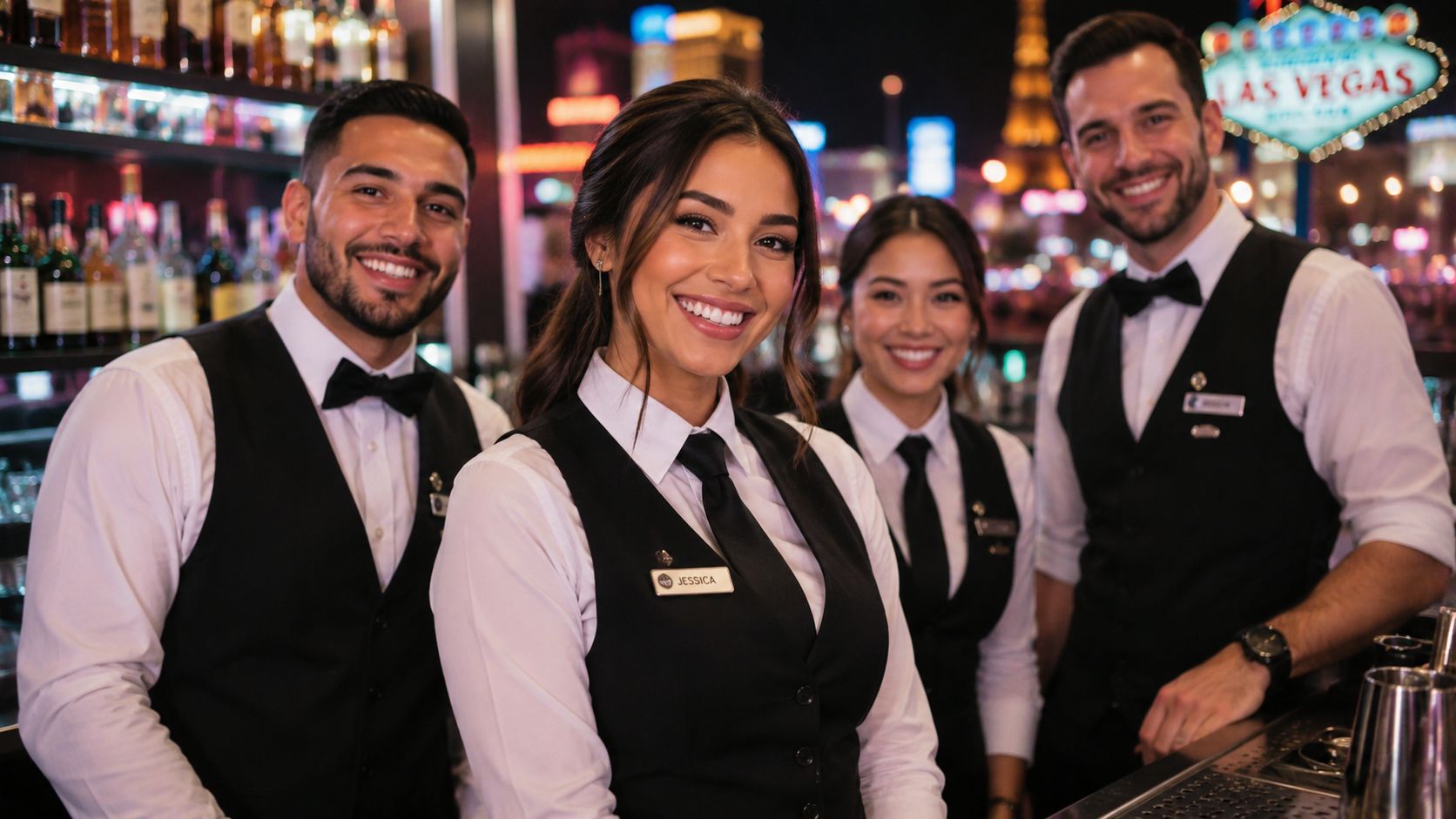 Four professional bartenders wearing white shirts and black vests smiling behind a bar in Las Vegas.