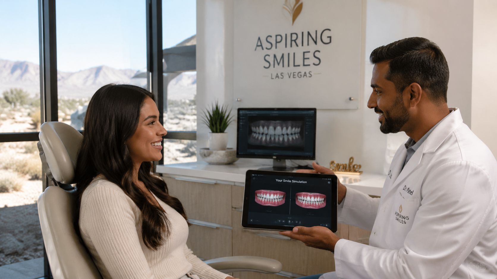 A male dentist showing a digital smile simulation on a tablet to a female patient in office.