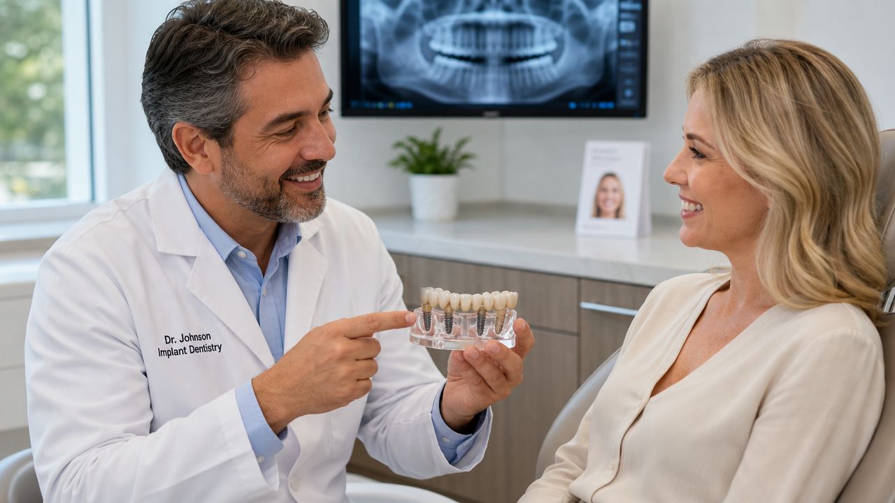 A male dentist explaining a dental implant model to a female patient during a dental consultation.