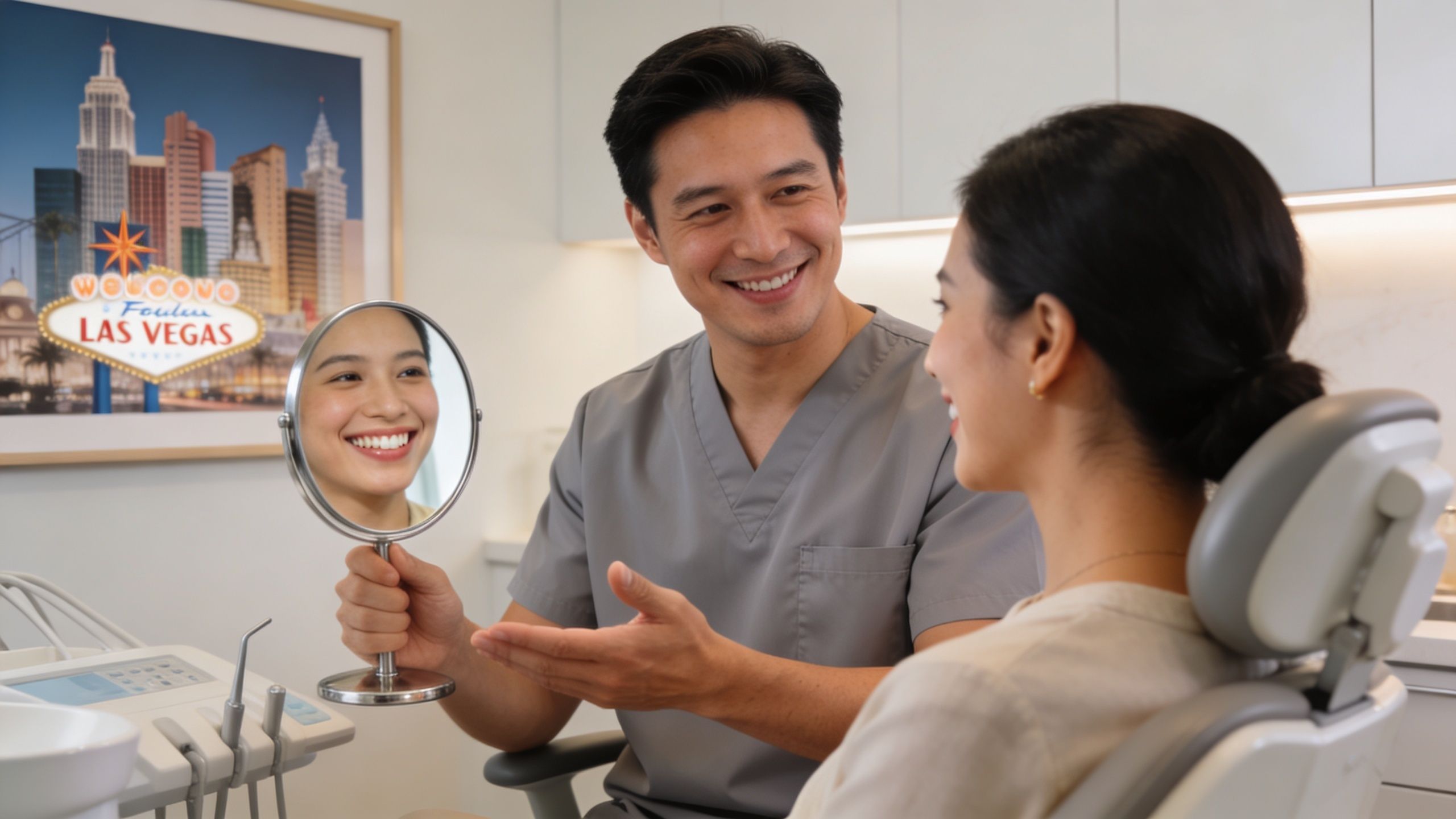 A friendly dentist showing a smiling patient their new teeth in a mirror during a consultation.