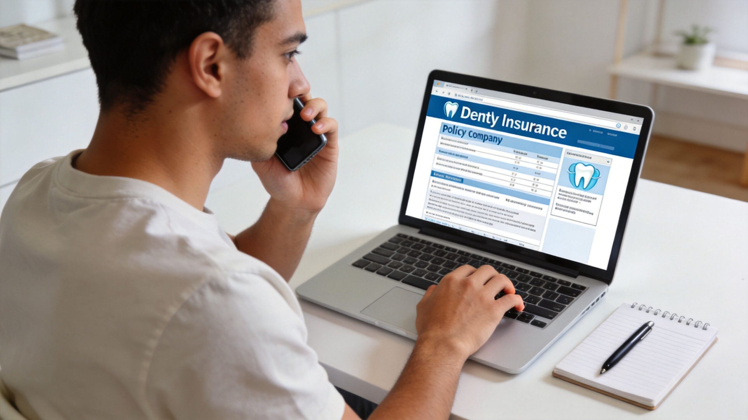 A person on a phone call while looking at dental insurance policy information on a laptop screen.
