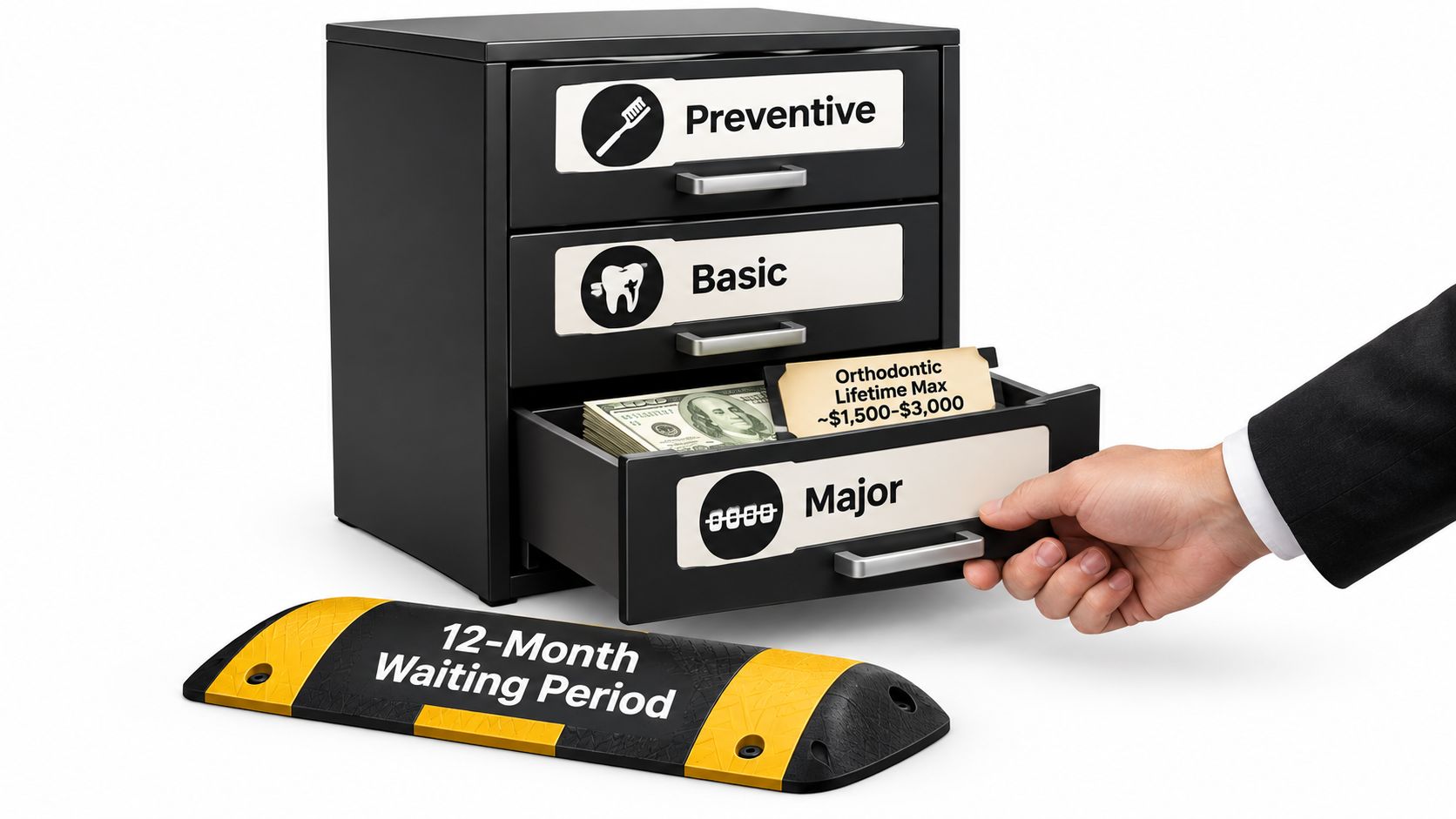 A hand pulling open a drawer labeled Major from a filing cabinet representing dental insurance benefit categories.