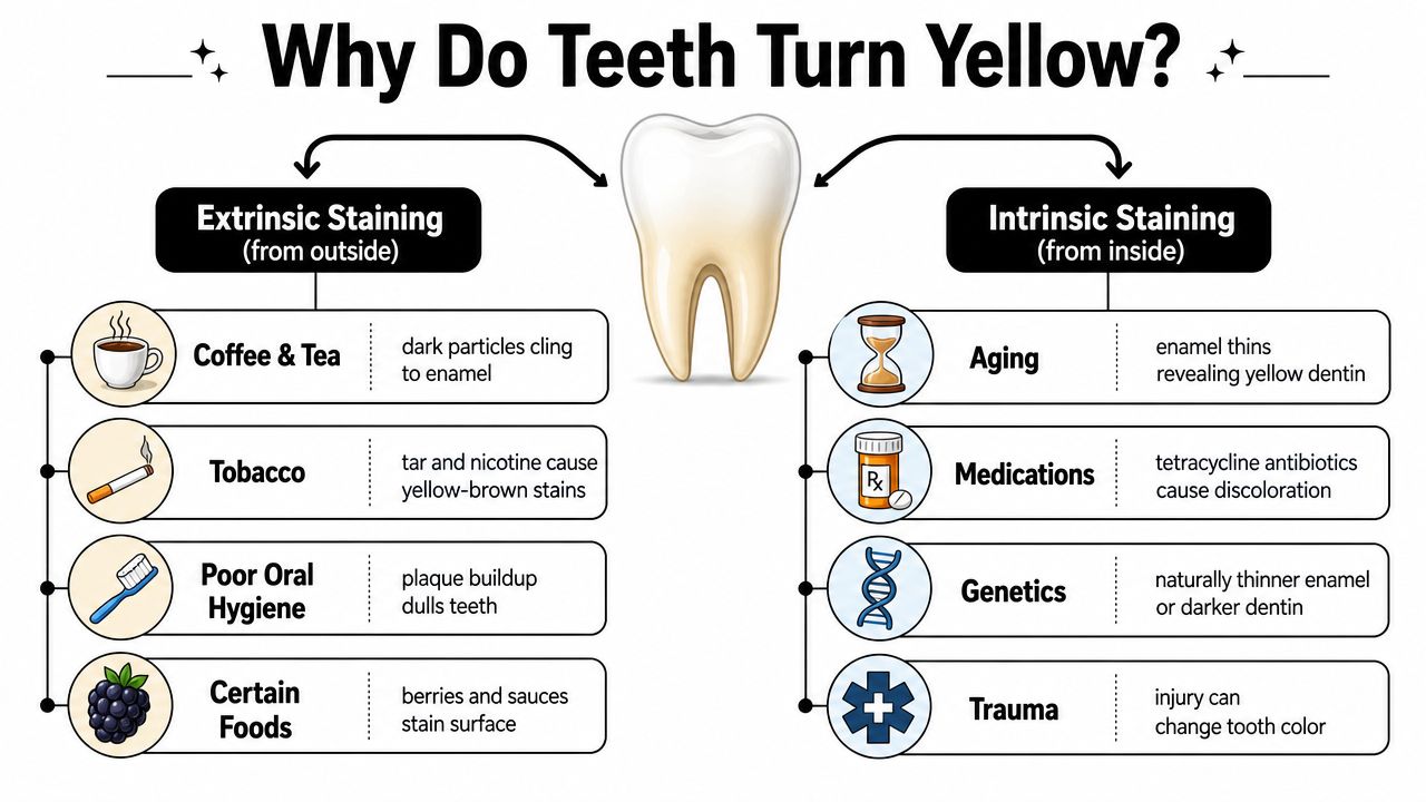 An infographic showing the causes of tooth discoloration categorized into extrinsic surface staining and intrinsic internal factors.