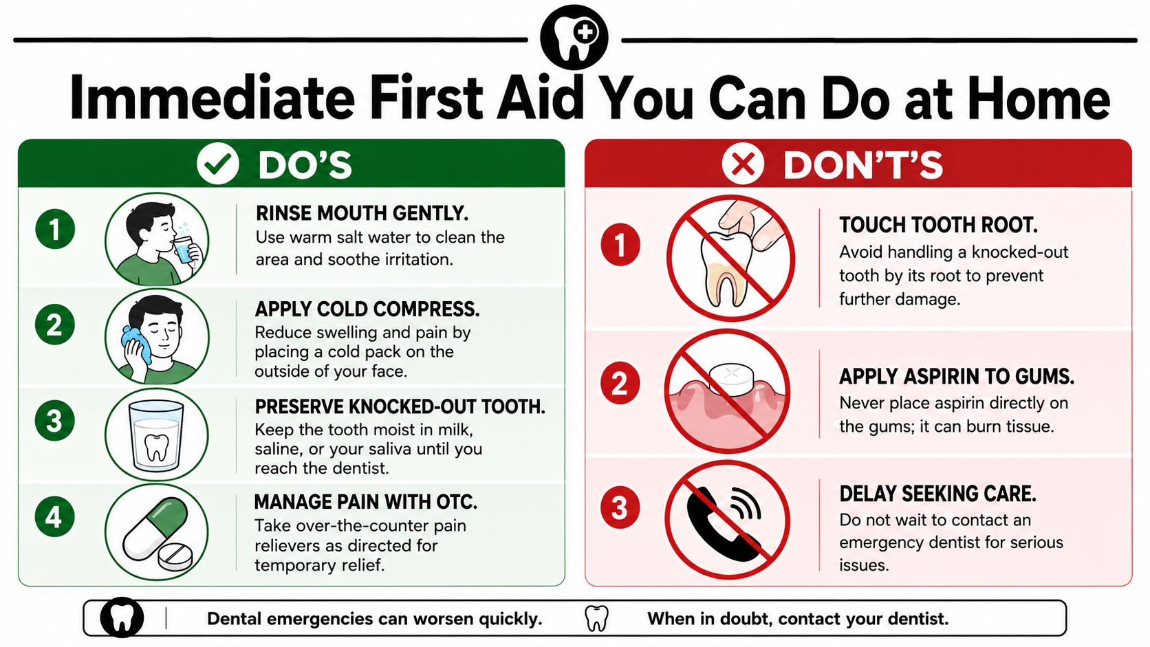 A dental infographic detailing recommended do's and don'ts for handling emergency dental situations at home.