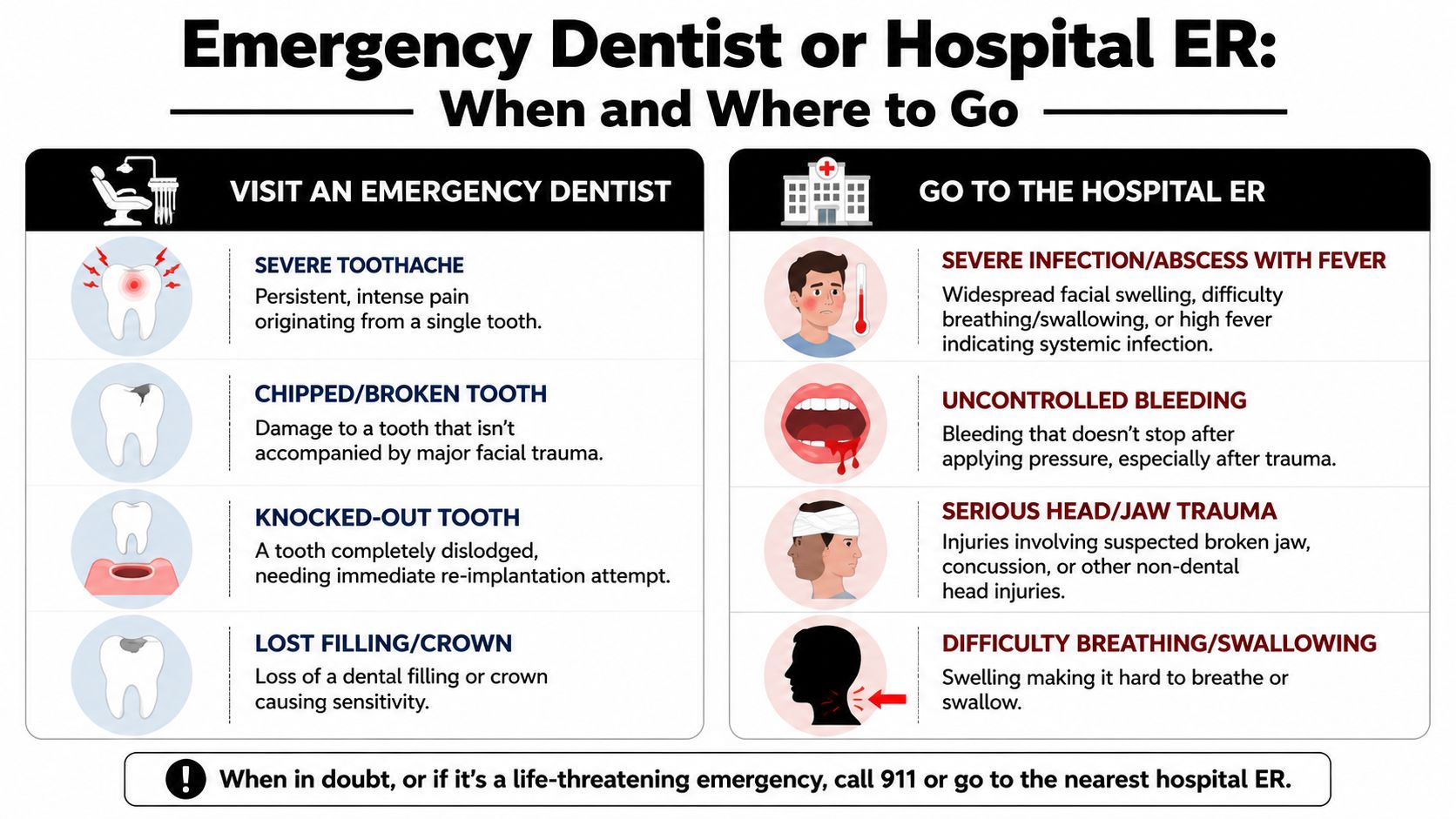 A chart comparing when to visit an emergency dentist versus going to a hospital emergency room.