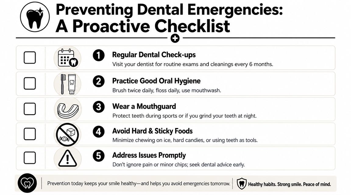 A checklist infographic titled Preventing Dental Emergencies listing five proactive habits for maintaining good oral health.