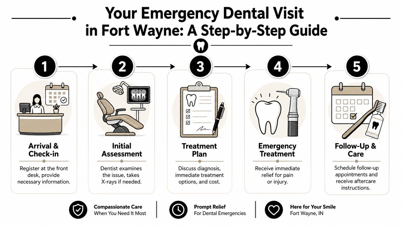 A five-step infographic guide for emergency dental care visits in Fort Wayne, Indiana, outlining the process.