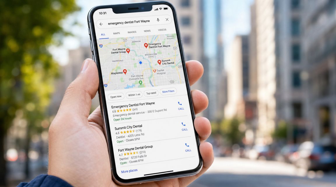 A hand holding a smartphone showing Google search results for emergency dentists in Fort Wayne, Indiana.