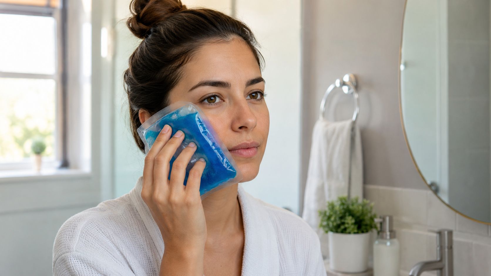 A young woman wearing a white robe holding a blue cooling gel pack against her cheek.