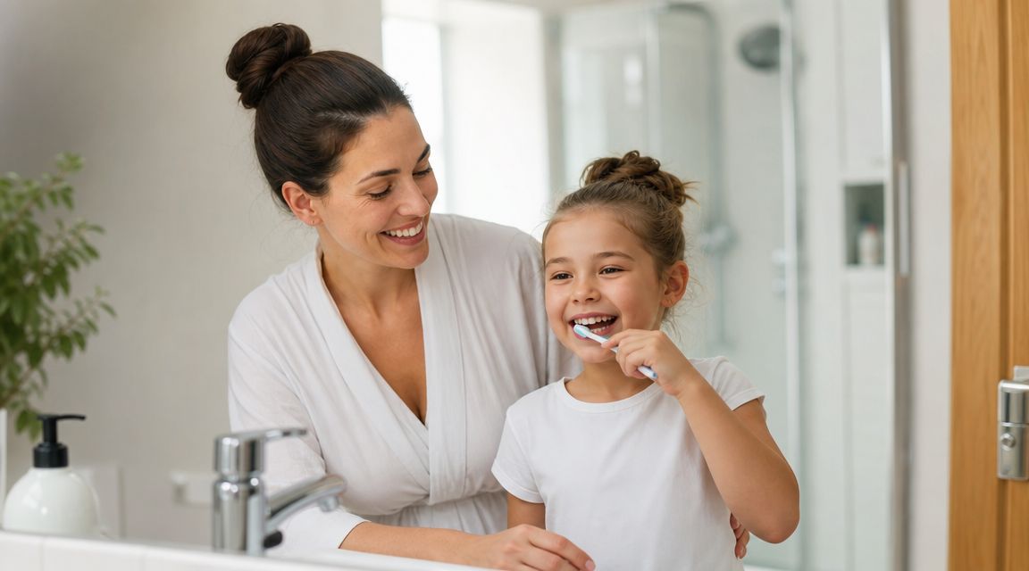 A mother watching her smiling young daughter brush her teeth in a clean, bright home bathroom.