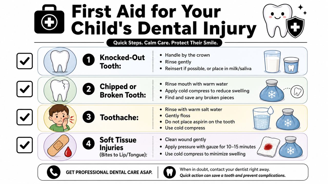 An infographic titled First Aid for Your Child's Dental Injury explaining steps for common dental emergencies.