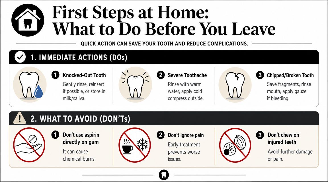 An infographic detailing immediate first aid actions and common mistakes for dental emergencies at home.