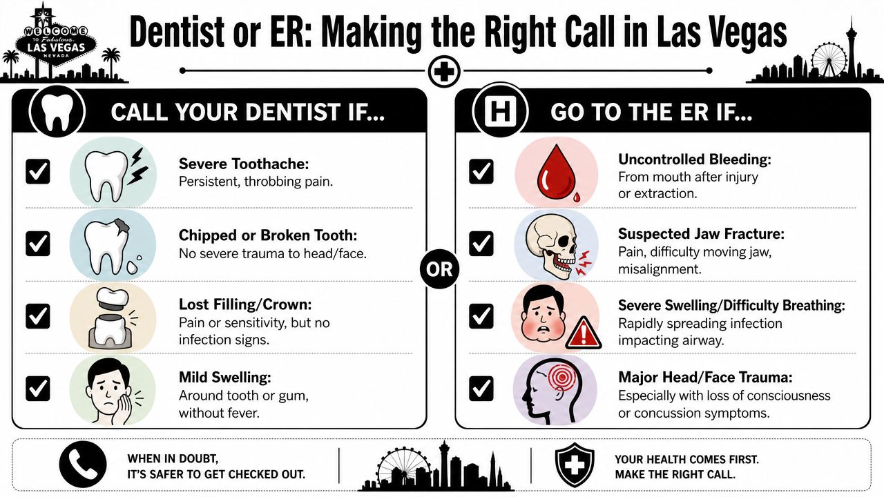 An infographic titled Dentist or ER in Las Vegas, comparing dental conditions requiring a dentist versus an emergency room.