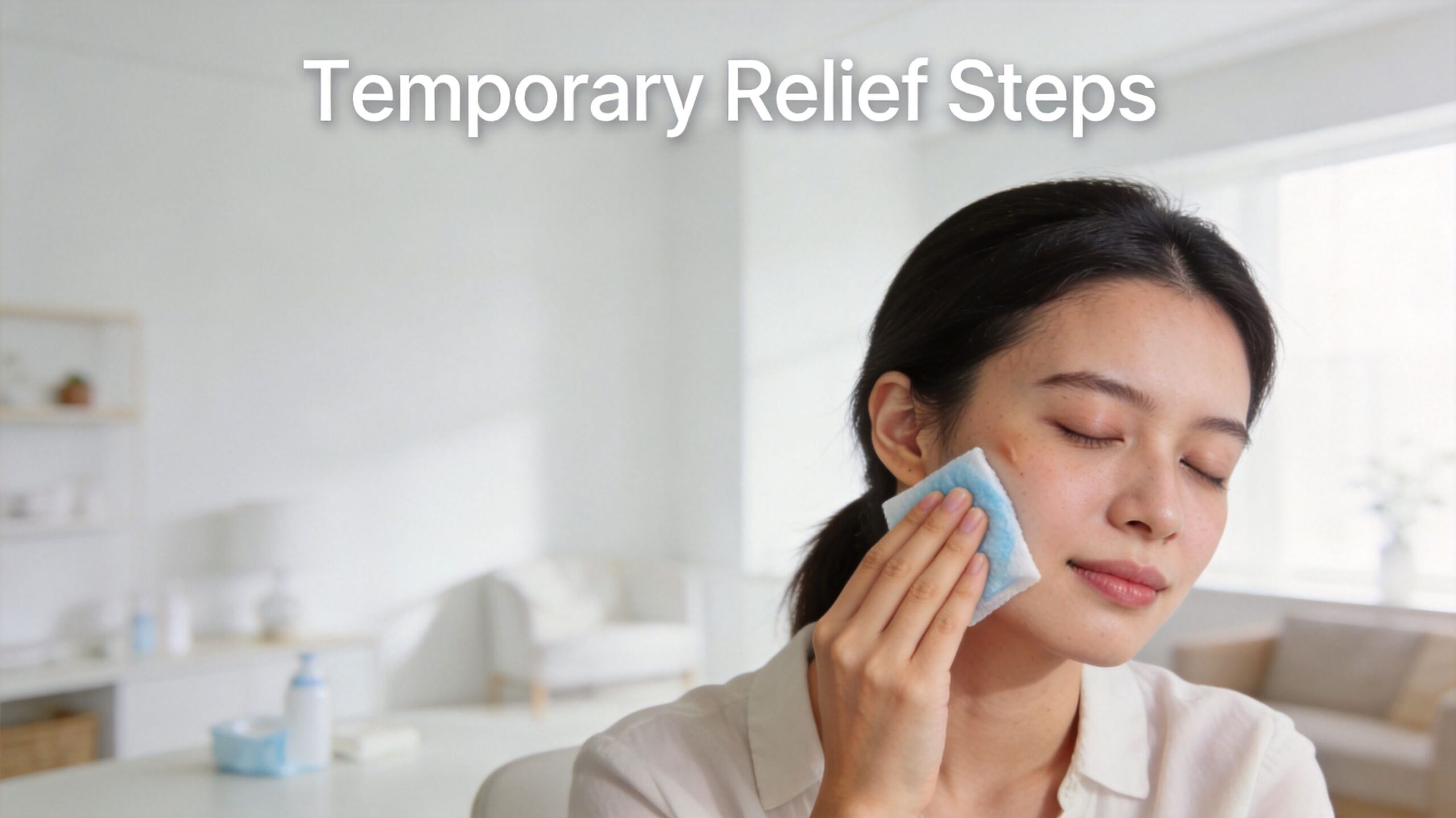 A young woman applying a cold compress to her cheek for temporary relief at home.