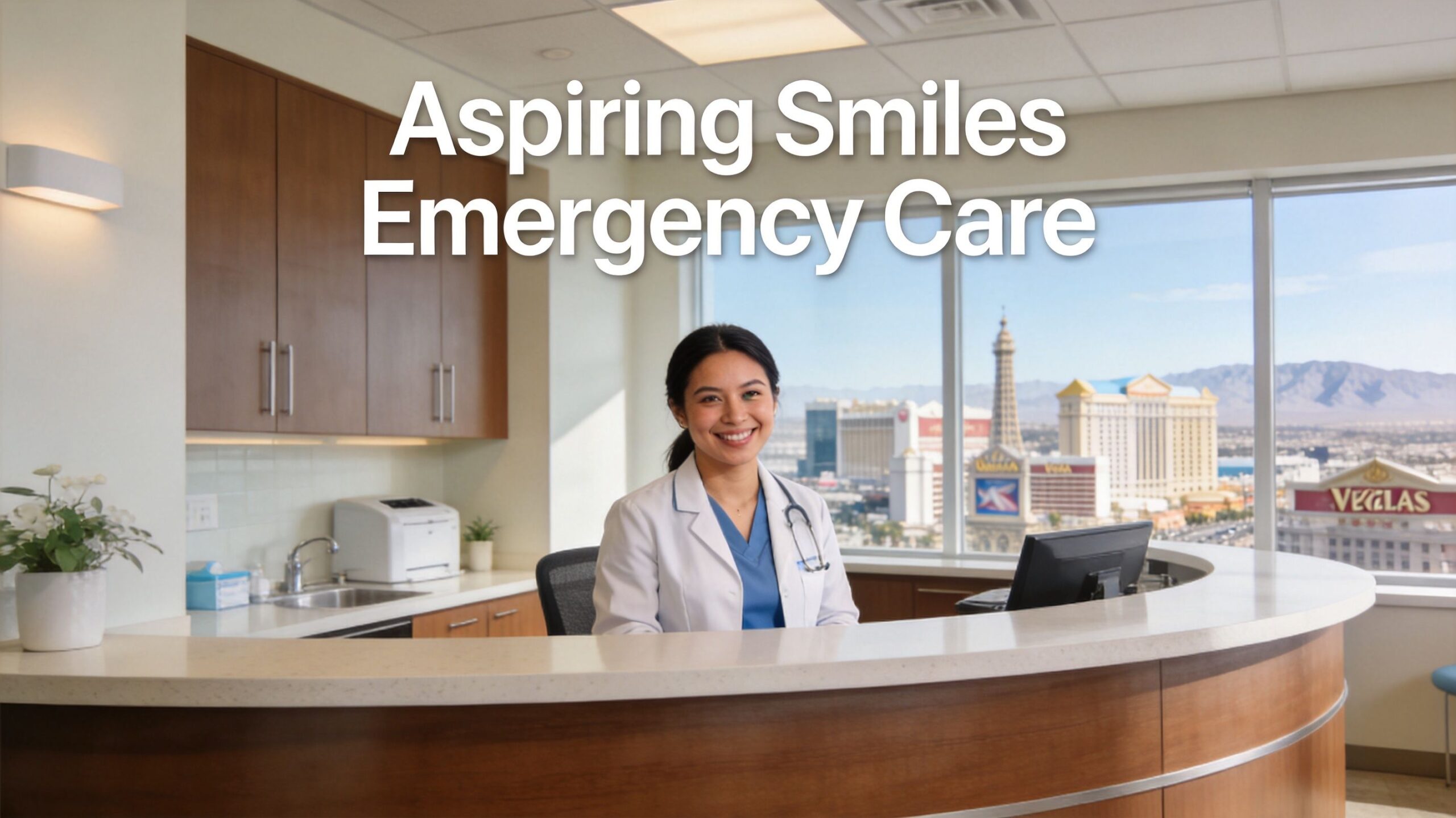 A smiling female dentist stands behind a modern reception desk in a dental office overlooking Las Vegas.