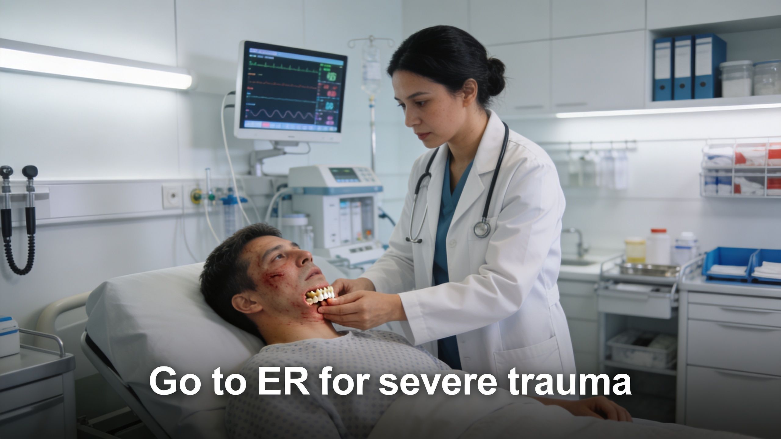A doctor examines a patient with facial injuries in a hospital room with medical equipment nearby.
