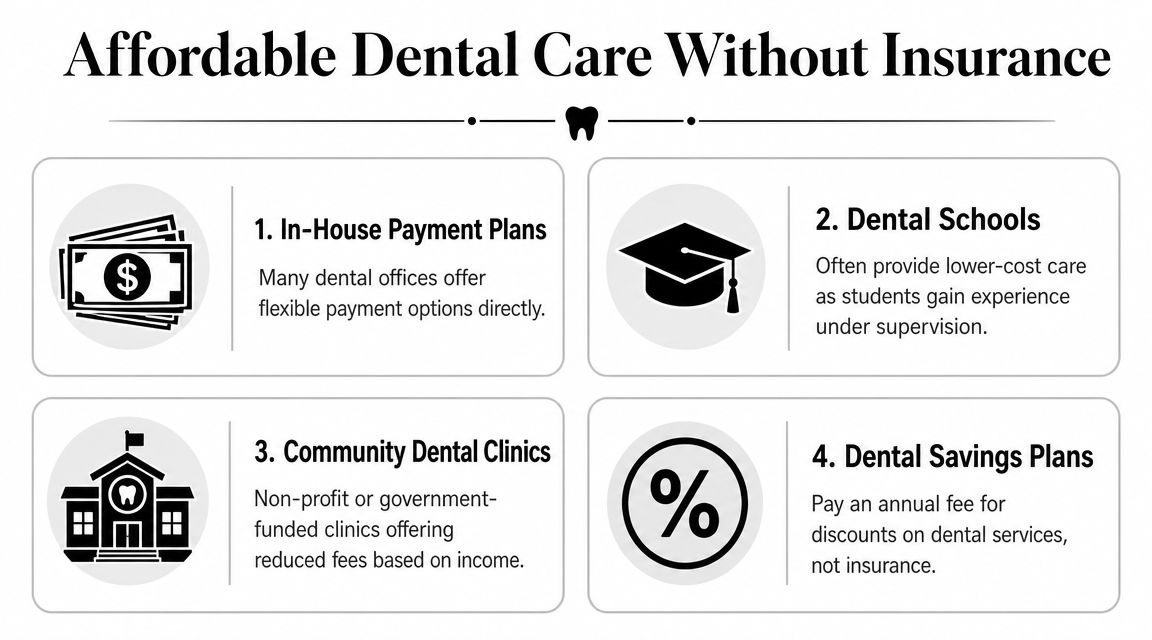 An infographic showing four options for affordable dental care for people who do not have insurance.