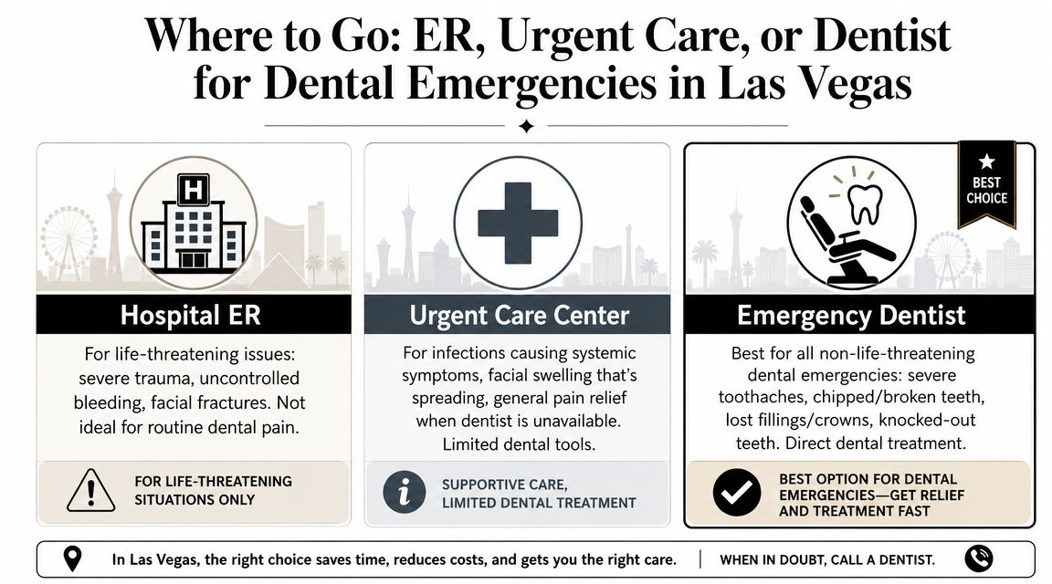 An infographic showing where to go for dental emergencies in Las Vegas between ER, Urgent Care, or Dentists.