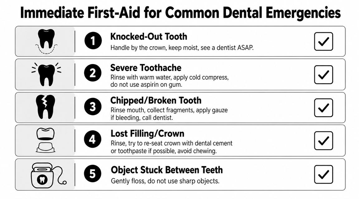 A helpful chart providing immediate first-aid steps for managing common dental emergencies like toothaches and broken teeth.