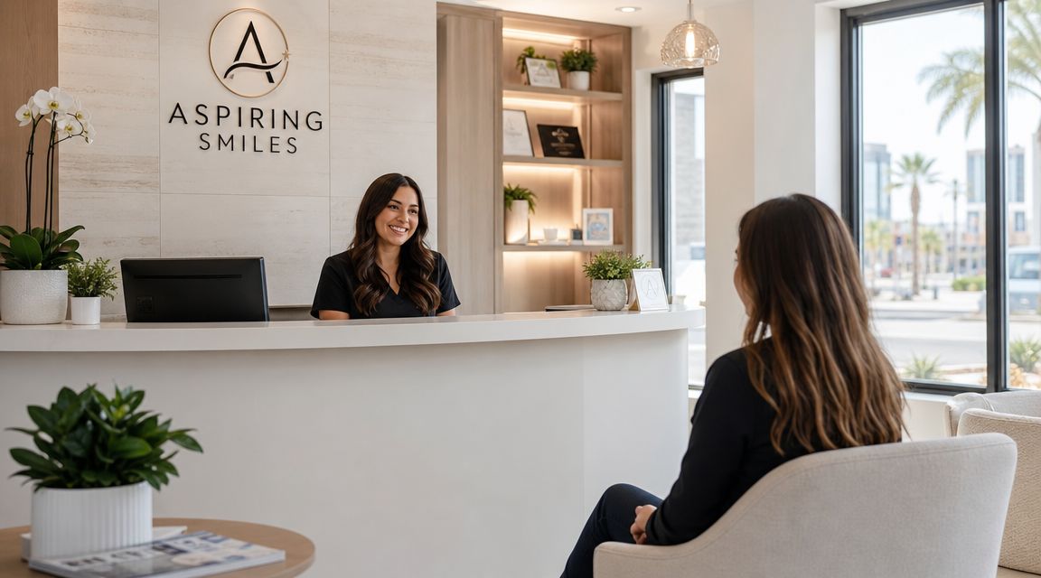 A friendly receptionist greets a patient at the front desk of a modern dental office.