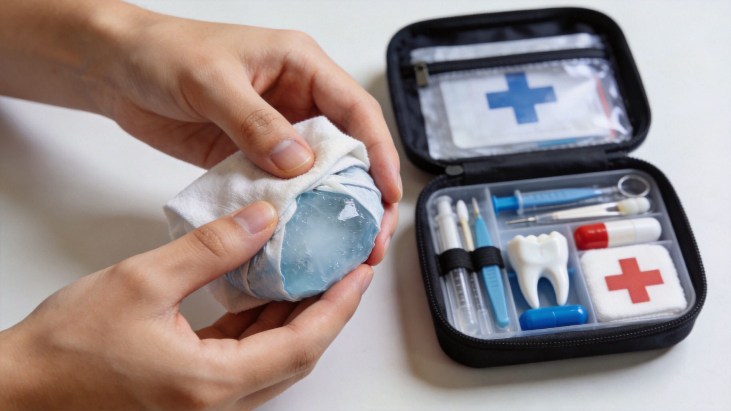 A person holding an ice pack in a cloth next to an emergency dental kit