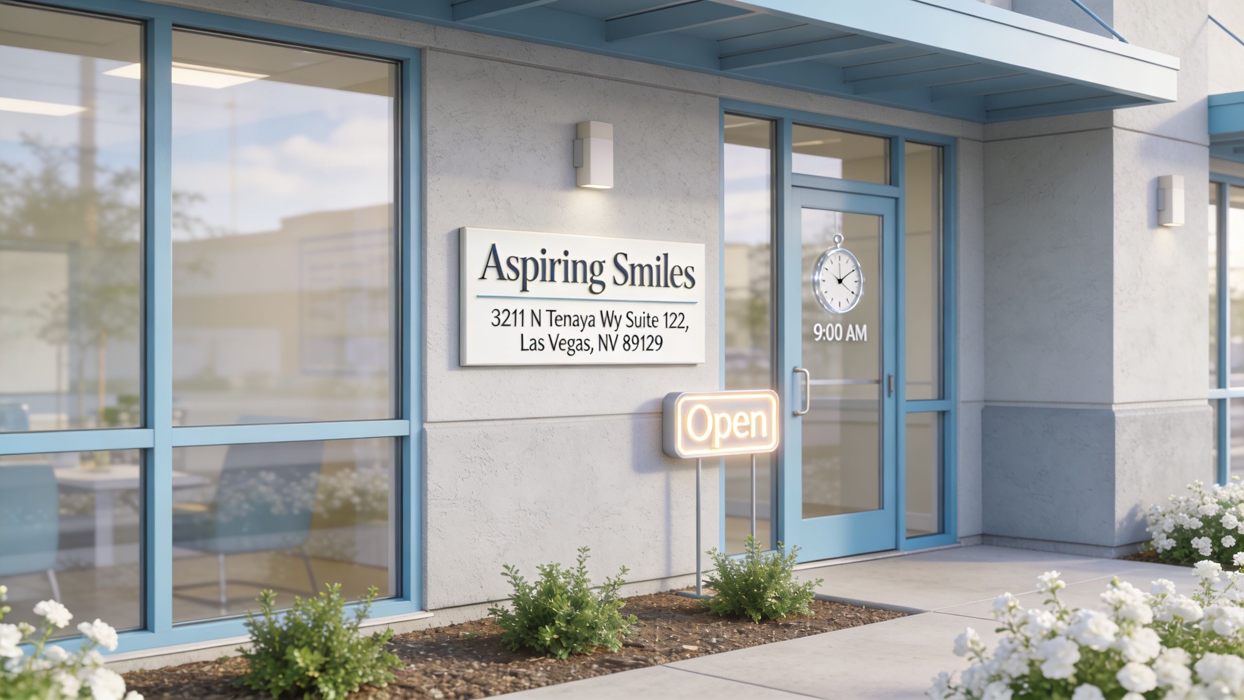 The exterior storefront of Aspiring Smiles dental office located at 3211 N Tenaya Wy in Las Vegas, Nevada.
