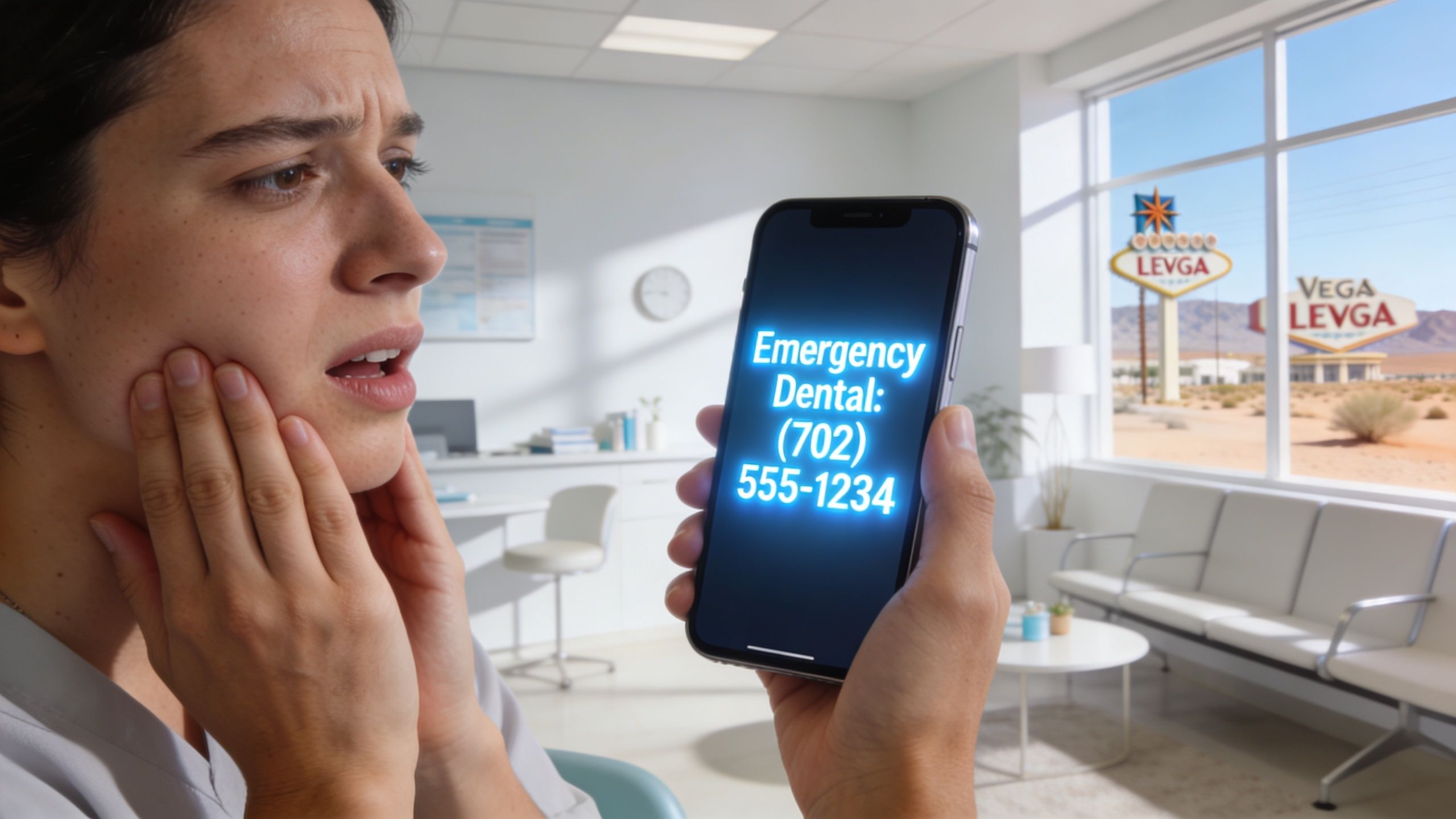 A woman holding her jaw in pain while viewing an emergency dental number on a smartphone screen.