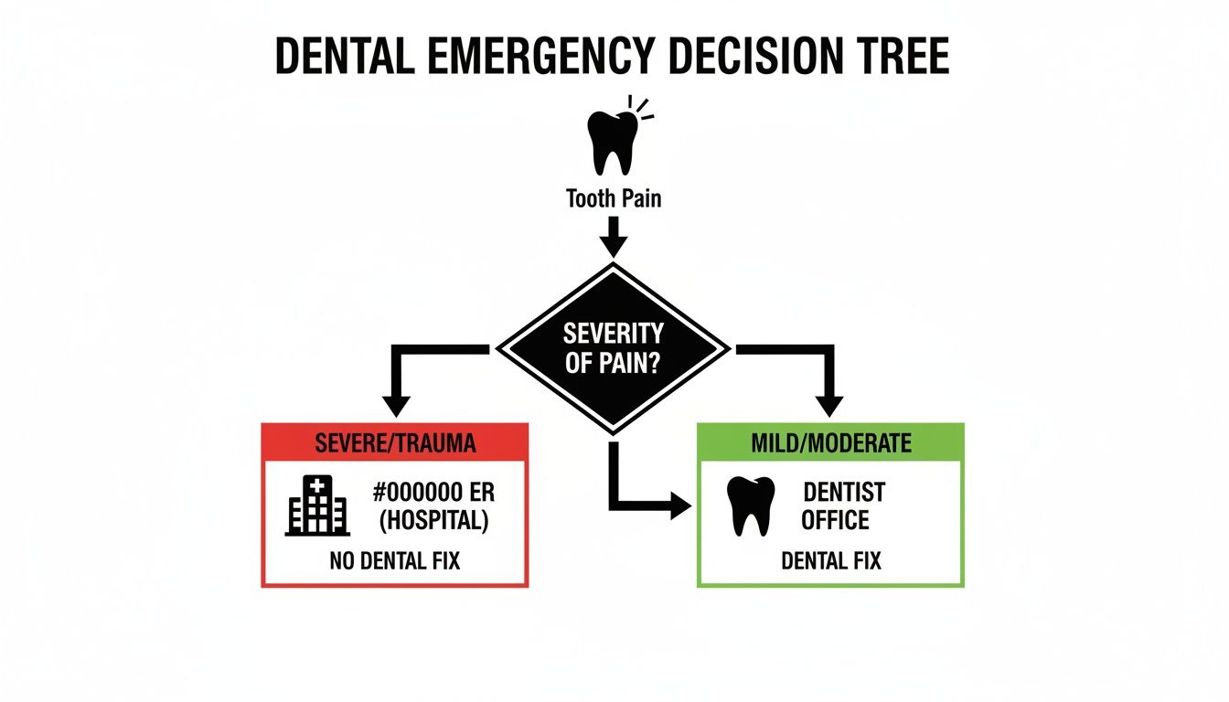 Flowchart showing a dental emergency decision tree, guiding users based on pain severity for tooth pain.