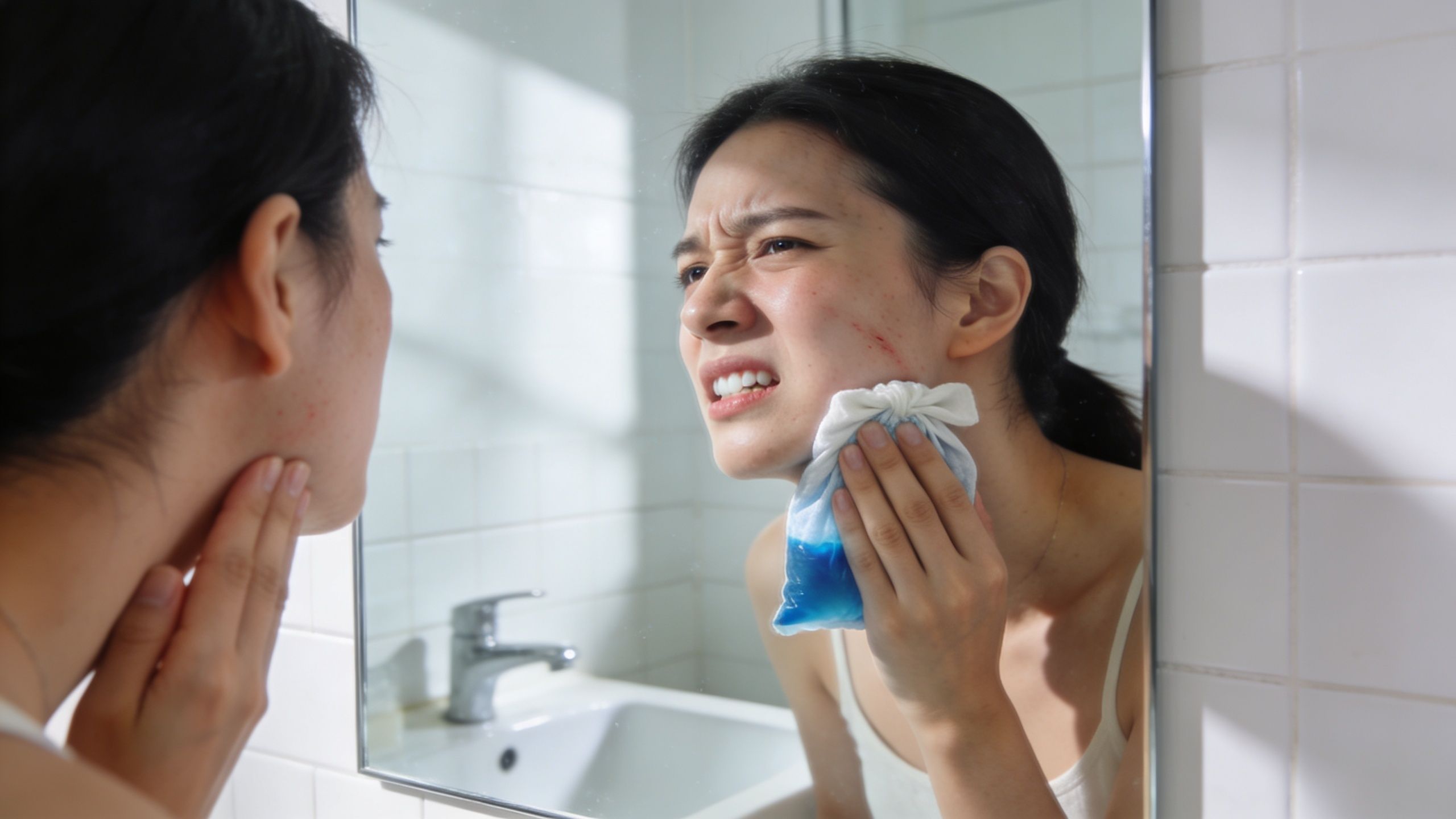 A woman looks in a bathroom mirror with an ice pack held against her painful cheek.