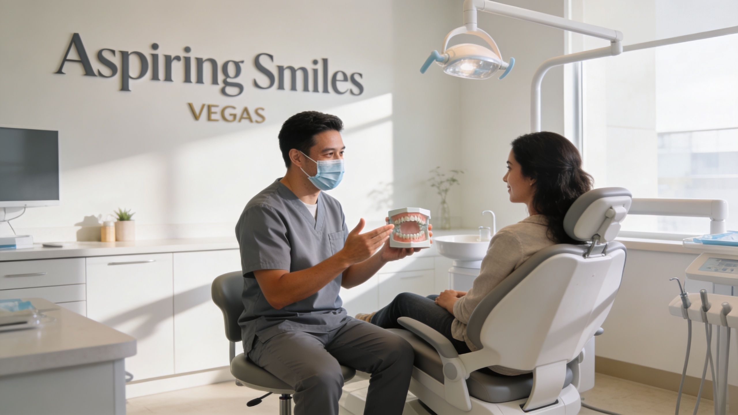 A dentist wearing a mask explains a dental procedure using a model set of teeth to his patient.