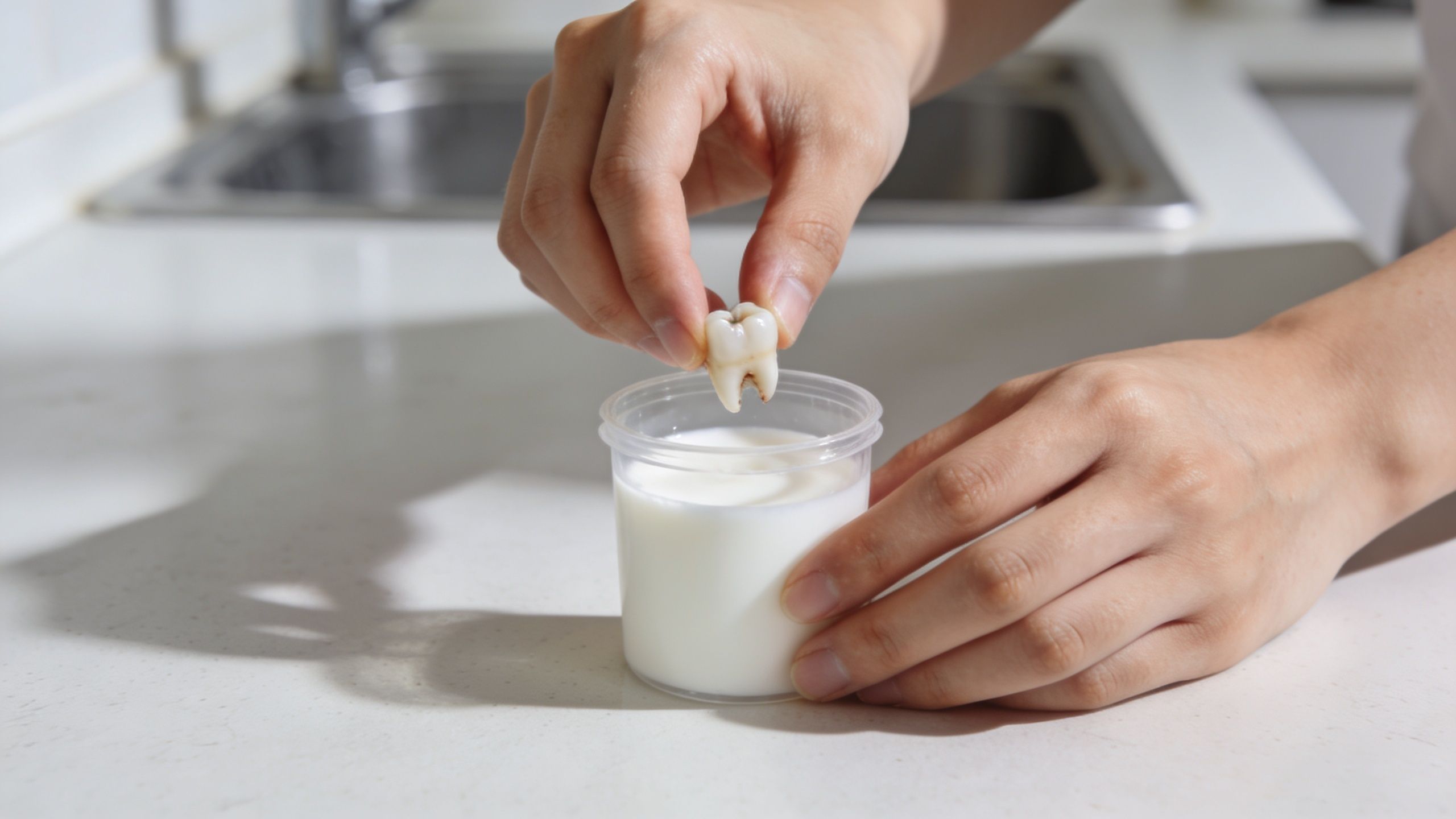 A person holding a knocked out tooth above a small cup filled with milk for preservation.