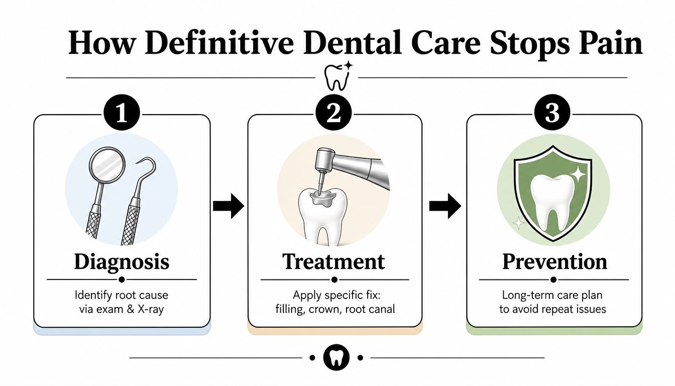 A three-step infographic explaining how professional dental care diagnoses, treats, and prevents chronic tooth pain.