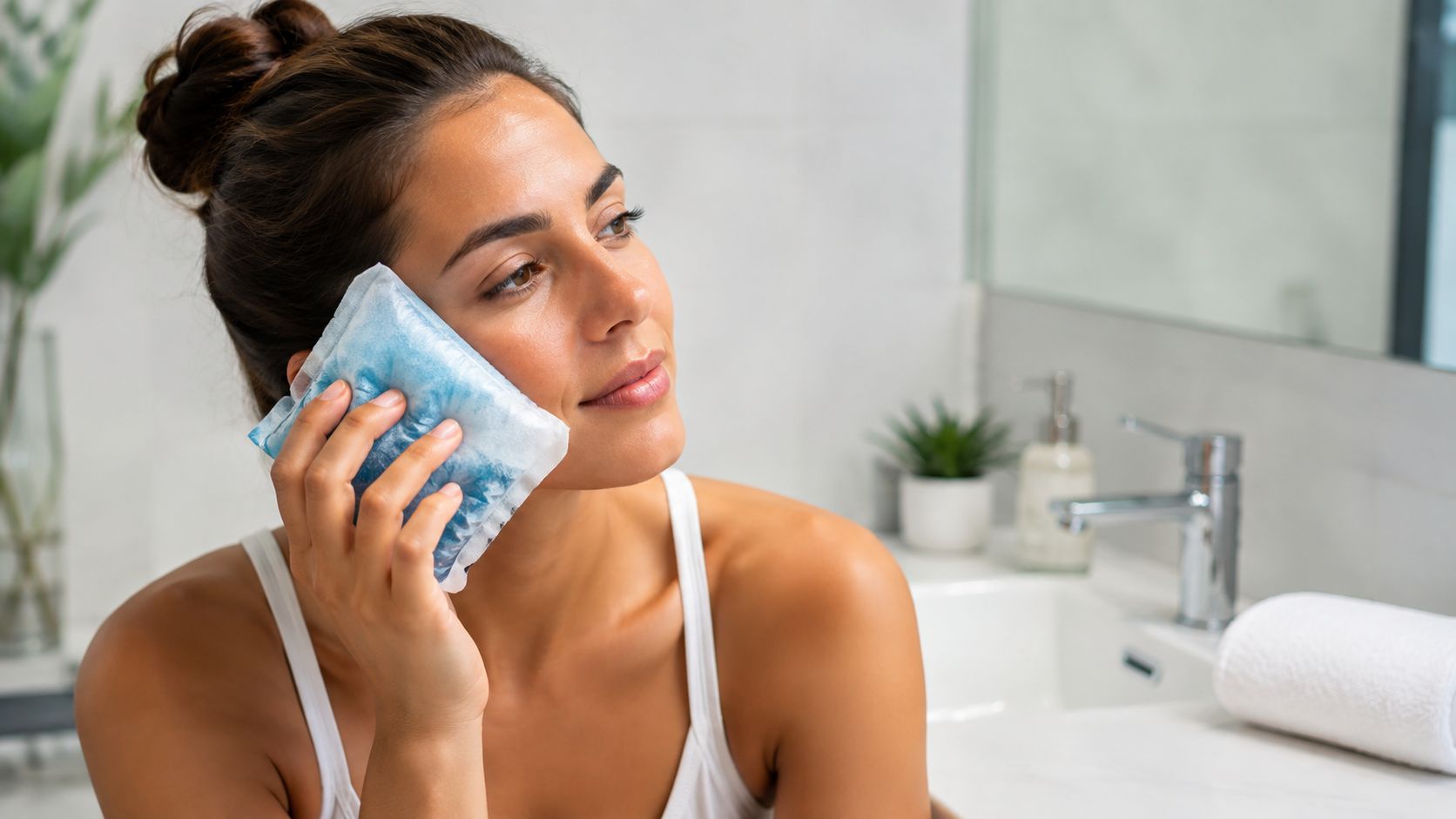 A young woman applying a cold ice pack to her cheek to relieve facial or tooth pain.