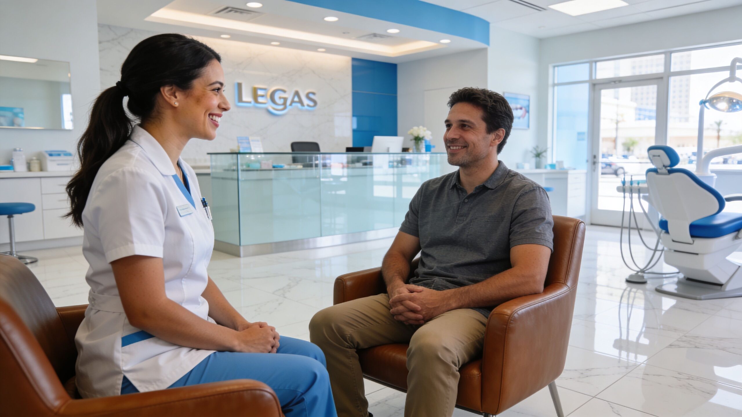 A friendly dental assistant consulting with a smiling male patient in a modern professional dental office setting.