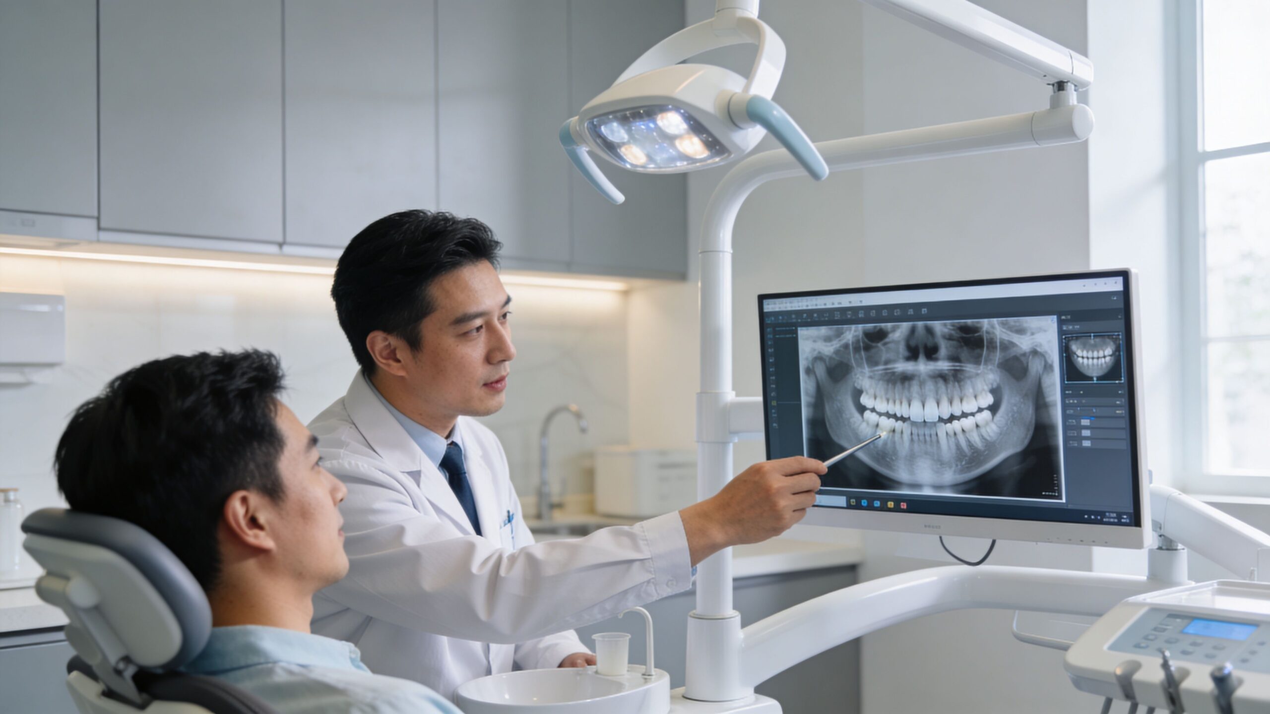 A professional dentist discussing a panoramic dental X-ray with a male patient in a modern clinical office.