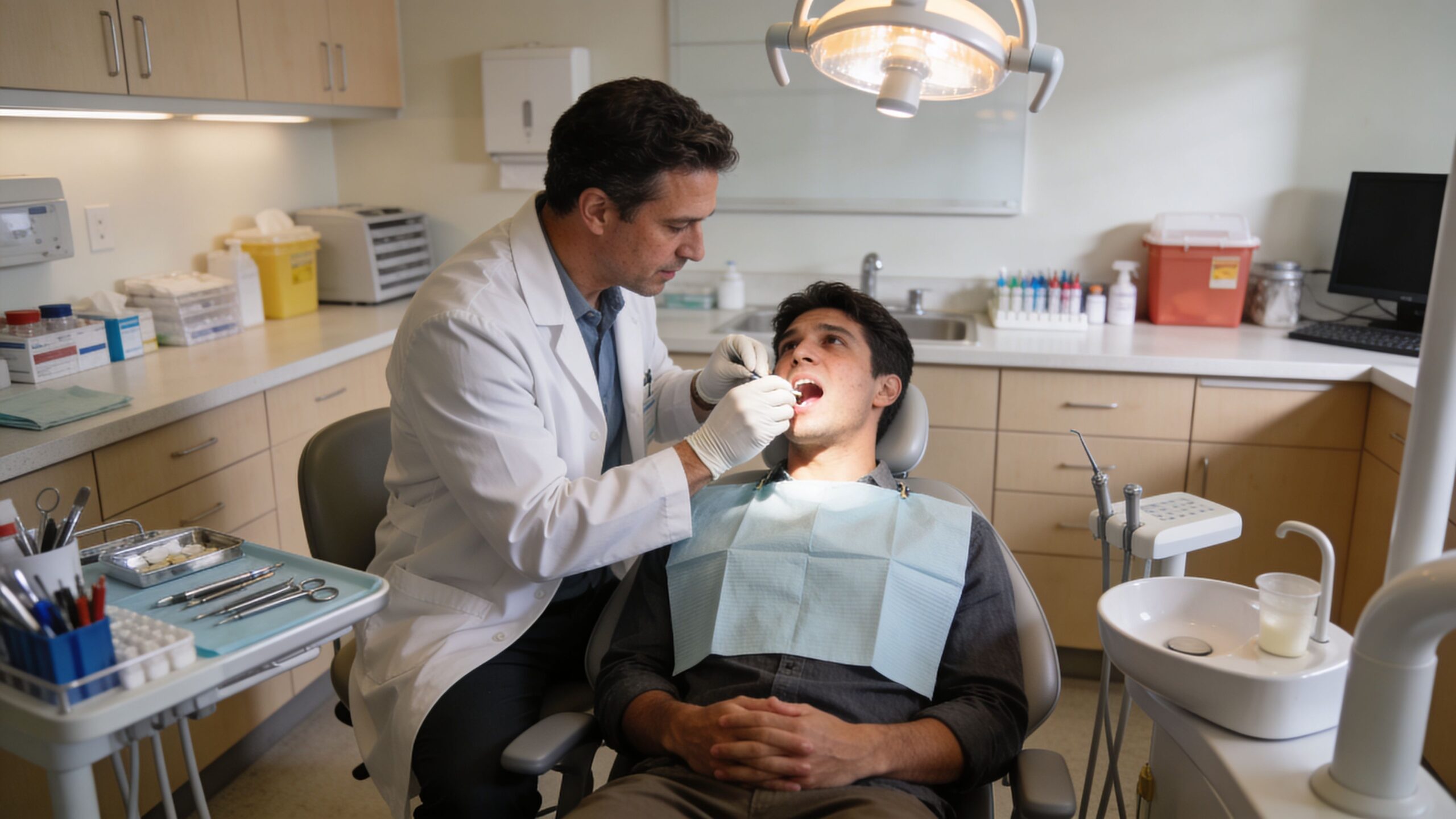 A professional dentist in a white coat examines a male patient's teeth during a checkup visit.