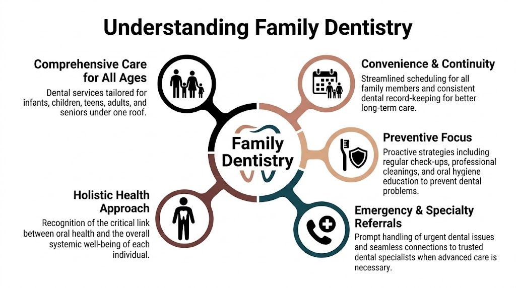 An infographic diagram outlining the key benefits and comprehensive approach of family dentistry services for all ages.