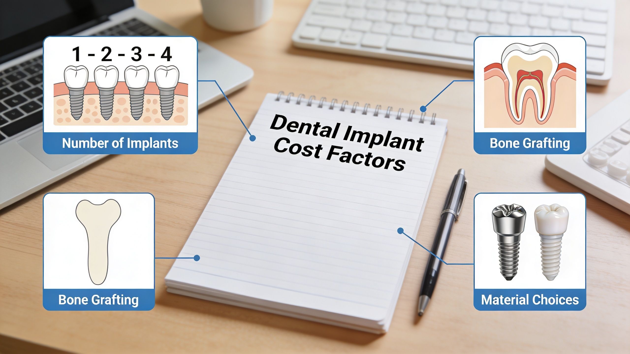 A notepad on a desk illustrating various factors that influence the overall cost of dental implants.